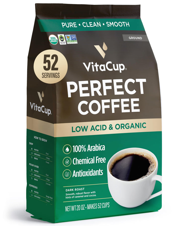 VitaCup Perfect Low Acid Ground Coffee bag with pure organic beans for smooth flavor.