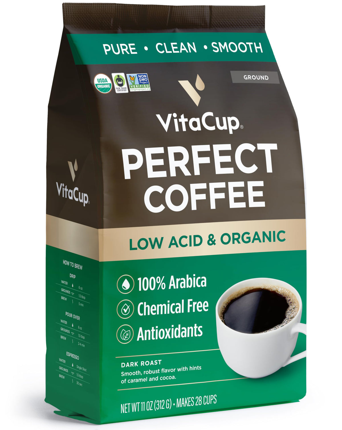 VitaCup Perfect Low Acid Guatemala packaging shows organic beans for a smooth cup.