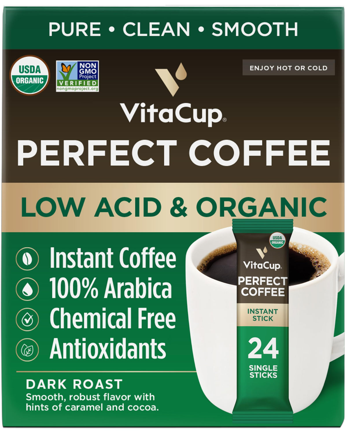 VitaCup Perfect Low Acid Instant Coffee Packets packaging on the counter for easy mornings