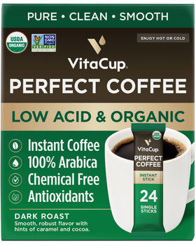 VitaCup Perfect Low Acid Instant Coffee Packets packaging on the counter for easy mornings