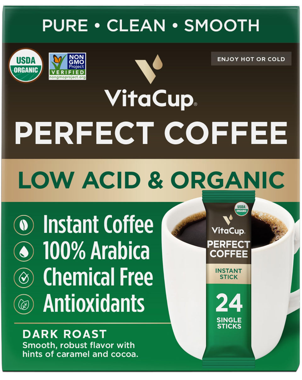 VitaCup Perfect Low Acid Instant Coffee Packets packaging on the counter for easy mornings