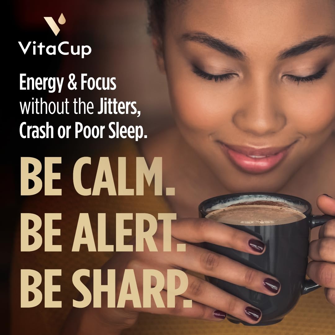 VitaCup Shroom Fuel cacao cinnamon latte highlights a warm, cocoa-like energy boost