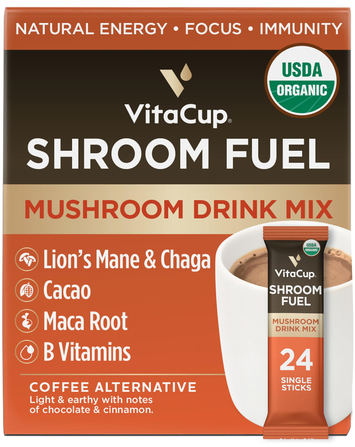 VitaCup Shroom Fuel instant coffee alternative packets for a cocoa-like energy lift