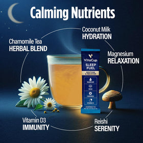VitaCup Sleep Fuel coconut milk swirl in mug for smooth taste.