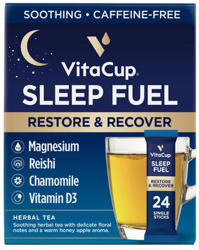 VitaCup Sleep Fuel packets in packaging for convenient bedtime ritual.