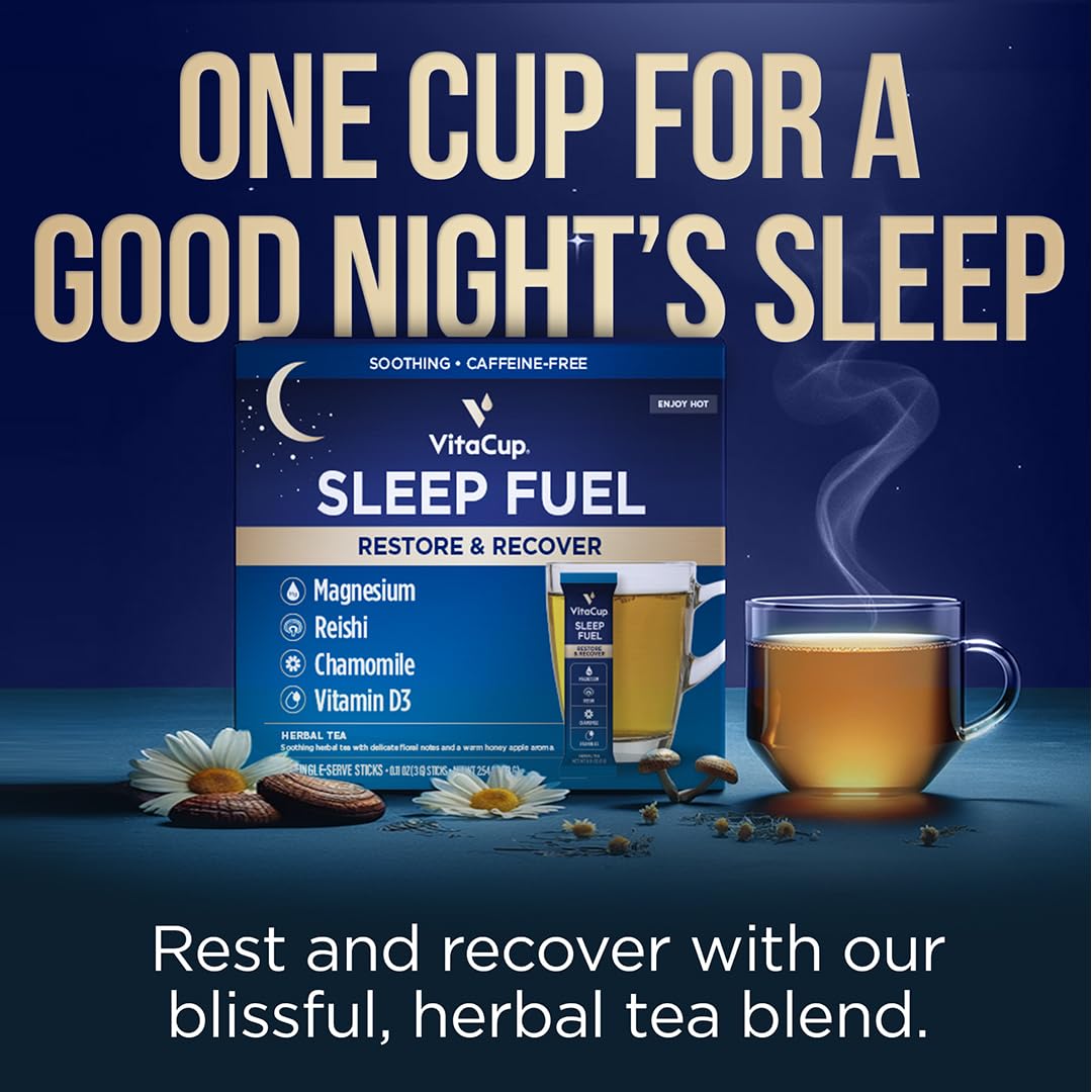 VitaCup Sleep Fuel cup steaming with creamy coconut aroma for relaxation.