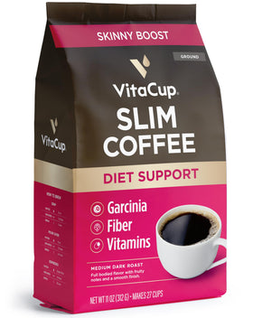 Vitacup Slim Ground Coffee bag shows premium 100% Arabica blend for daily wellness.