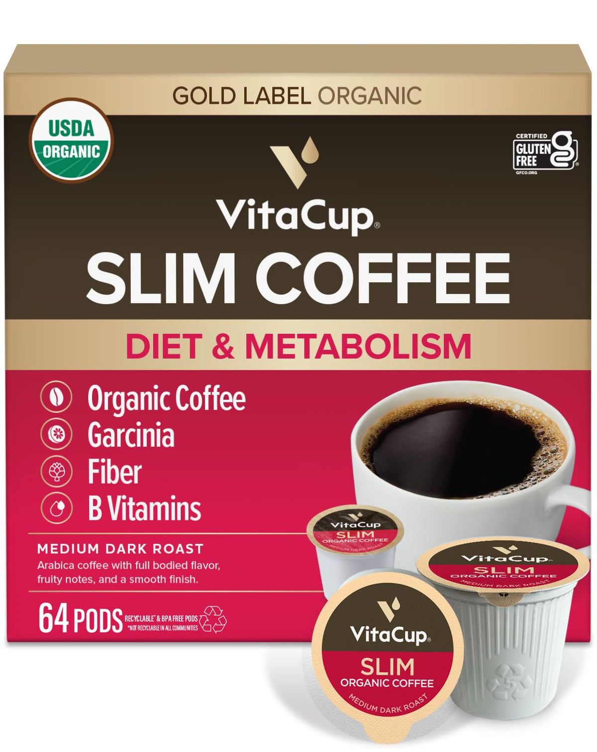 VitaCup Slim organic coffee pods with ginseng for appetite control, Keurig compatibility.