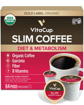 VitaCup Slim organic coffee pods with ginseng for appetite control, Keurig compatibility.