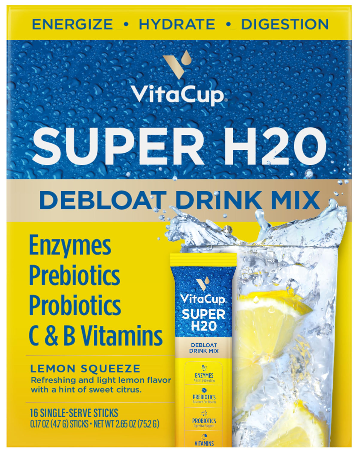 VitaCup Super H2O lemon squeeze bloating relief packet promotes refreshed hydration.