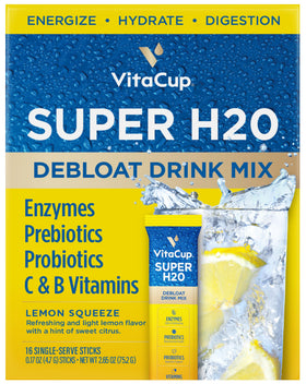 VitaCup Super H2O lemon squeeze bloating relief packet promotes refreshed hydration.
