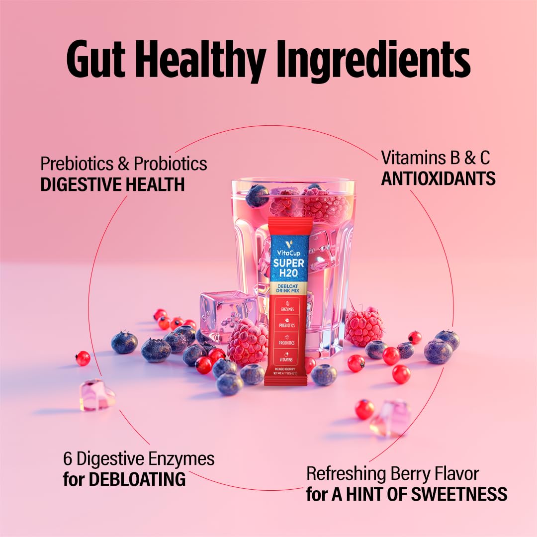 Berry-flavored VitaCup H2O sticks dissolving in water, delivering a refreshing digestive support drink