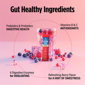 Berry-flavored VitaCup H2O sticks dissolving in water, delivering a refreshing digestive support drink