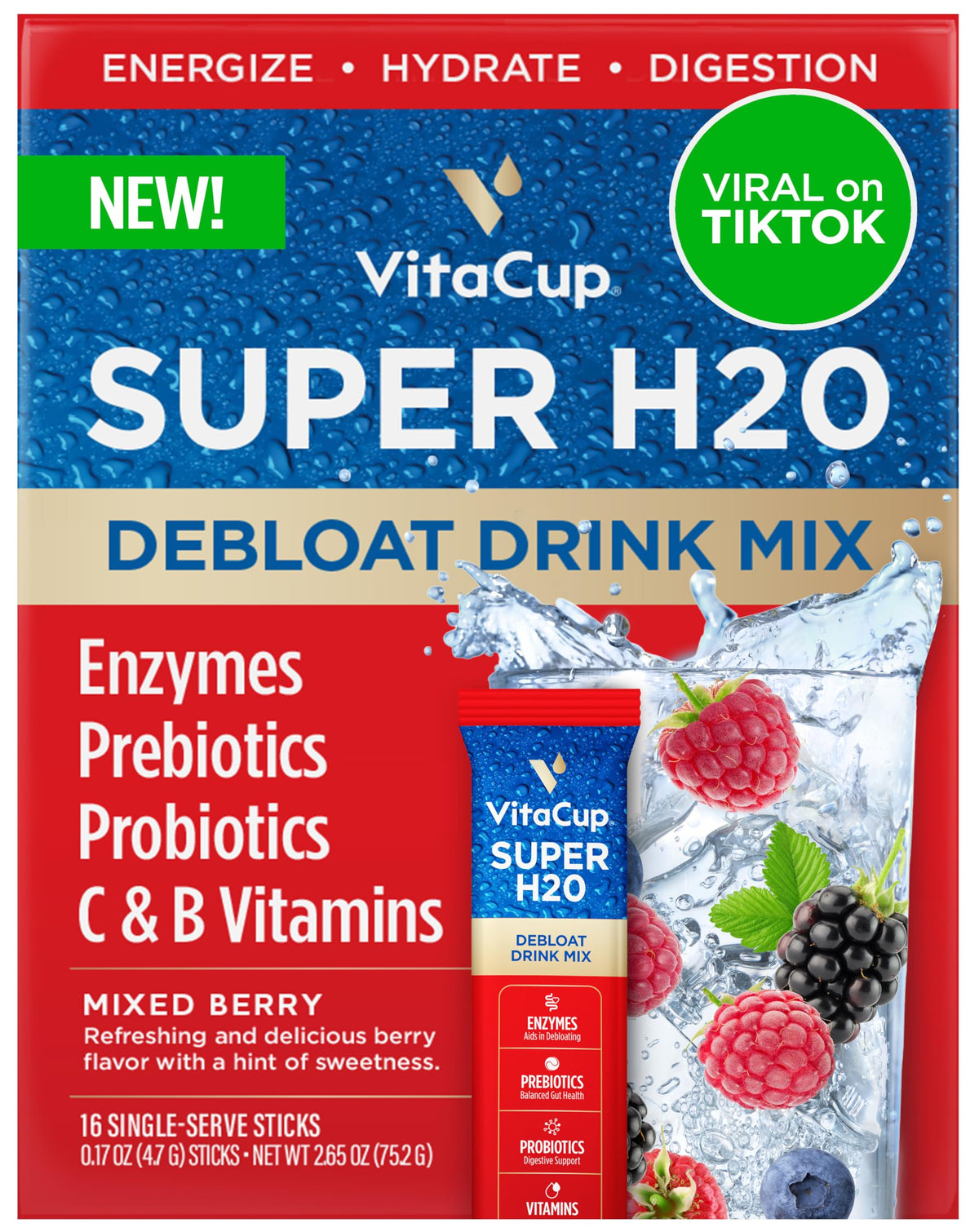 VitaCup Super H2O bloating-relief packets dissolving in water for on-the-go relief