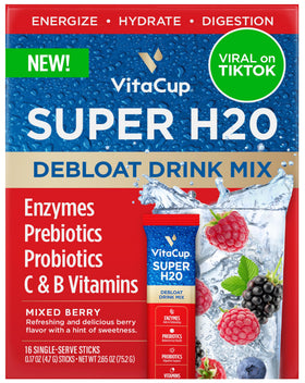VitaCup Super H2O bloating-relief packets dissolving in water for on-the-go relief