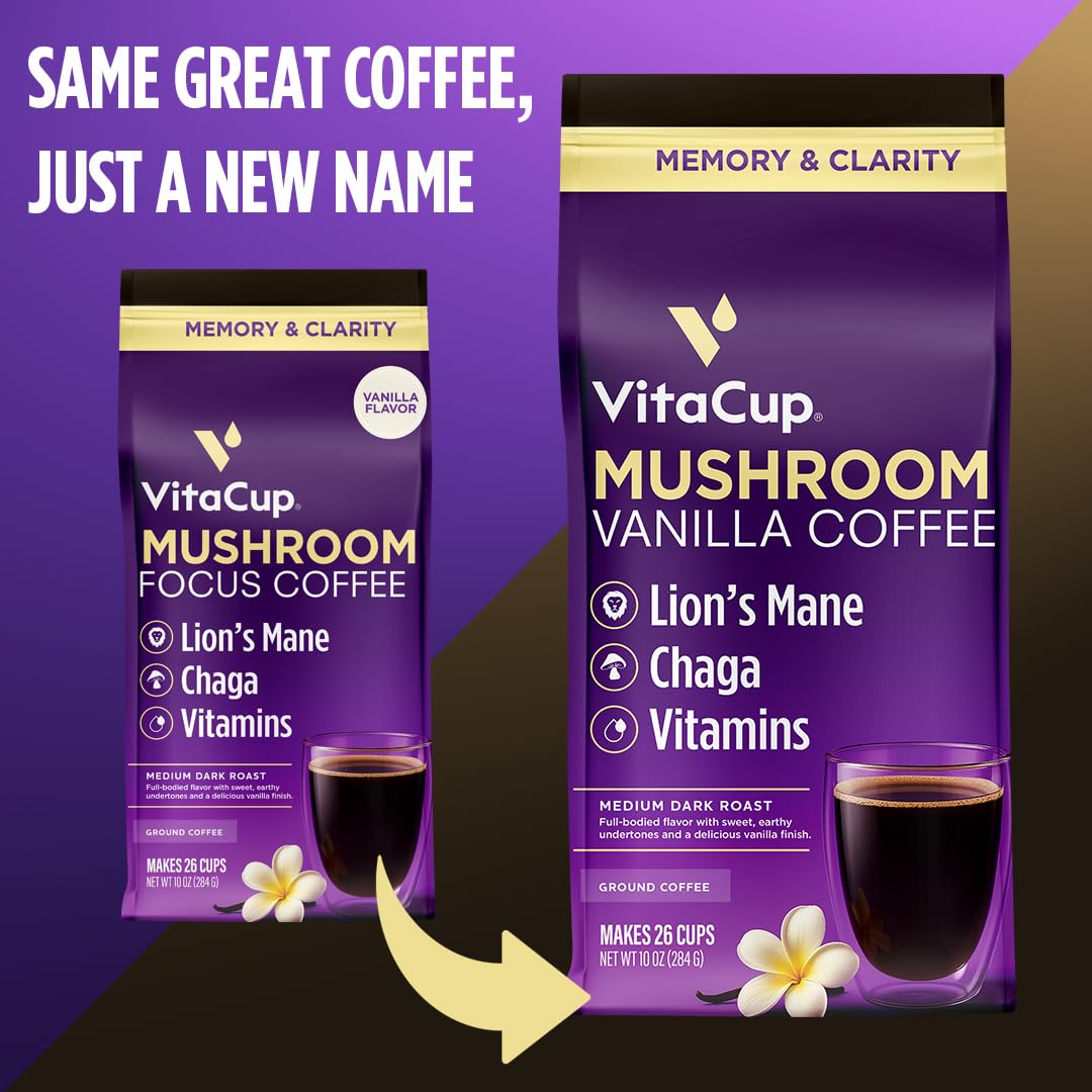 VitaCup vanilla mushroom coffee cup with steam and vanilla notes