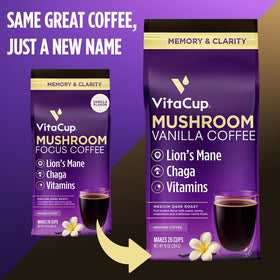 VitaCup vanilla mushroom coffee cup with steam and vanilla notes