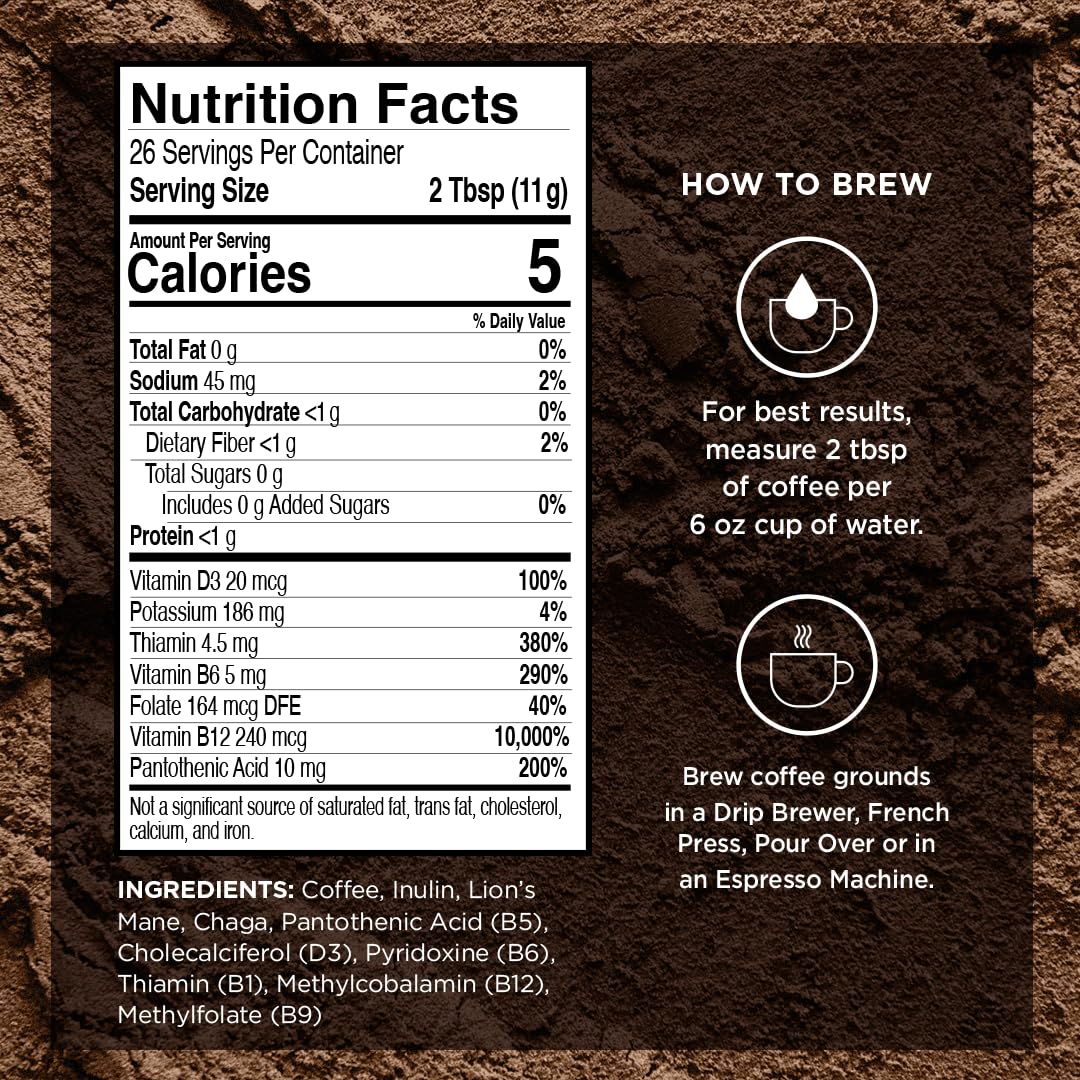 VitaCup vanilla mushroom coffee grounds closeup with Arabica beans