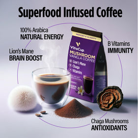 VitaCup vanilla mushroom coffee ingredients icons featuring Lions Mane and Chaga