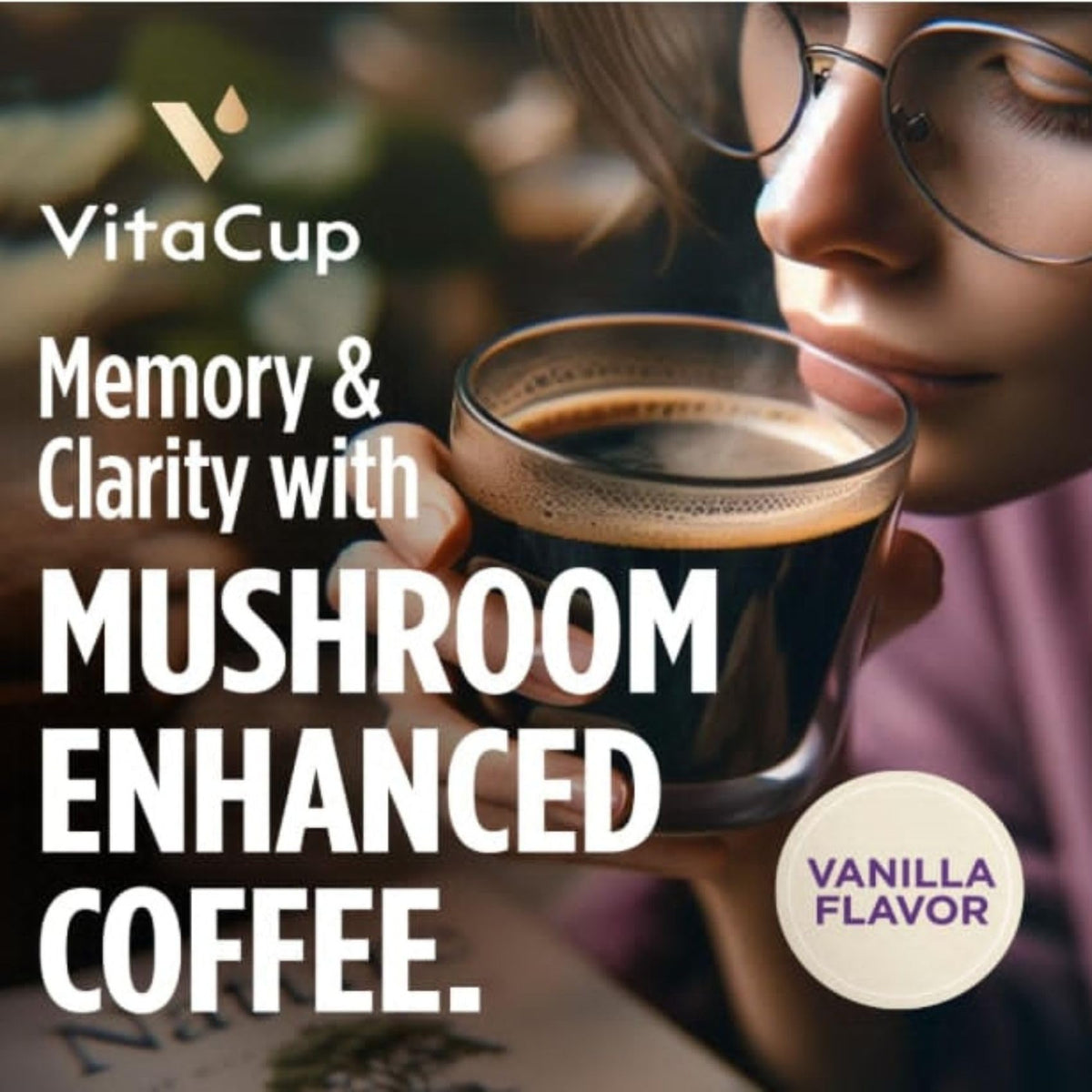 Keurig-compatible VitaCup pod displayed with a warm cup of coffee.
