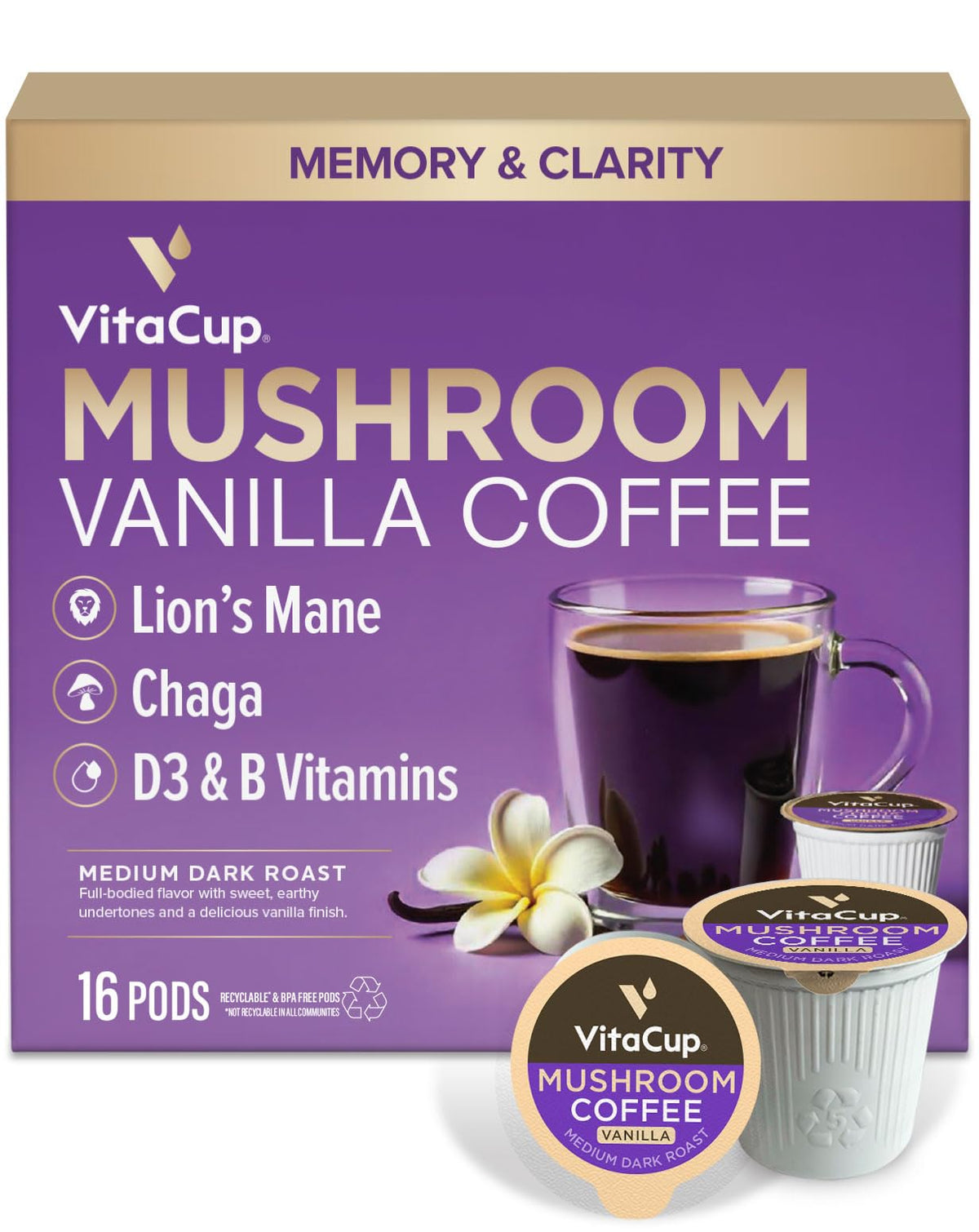 VitaCup Vanilla Mushroom Coffee Pods packaging ready for Keurig brewing.
