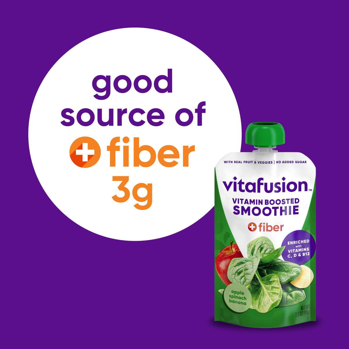 Vitafusion smoothie pouch apple-spinach-banana showcasing real fruit for quick healthy snacking