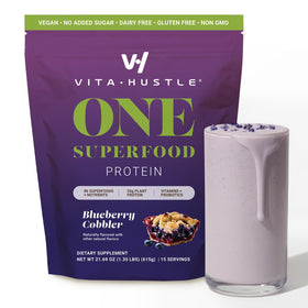 VitaHustle ONE Blueberry Cobbler tub for plant-based meal replacement