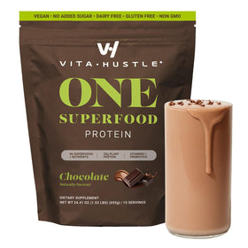 VitaHustle ONE chocolate protein powder with scoop for a satisfying post-workout shake