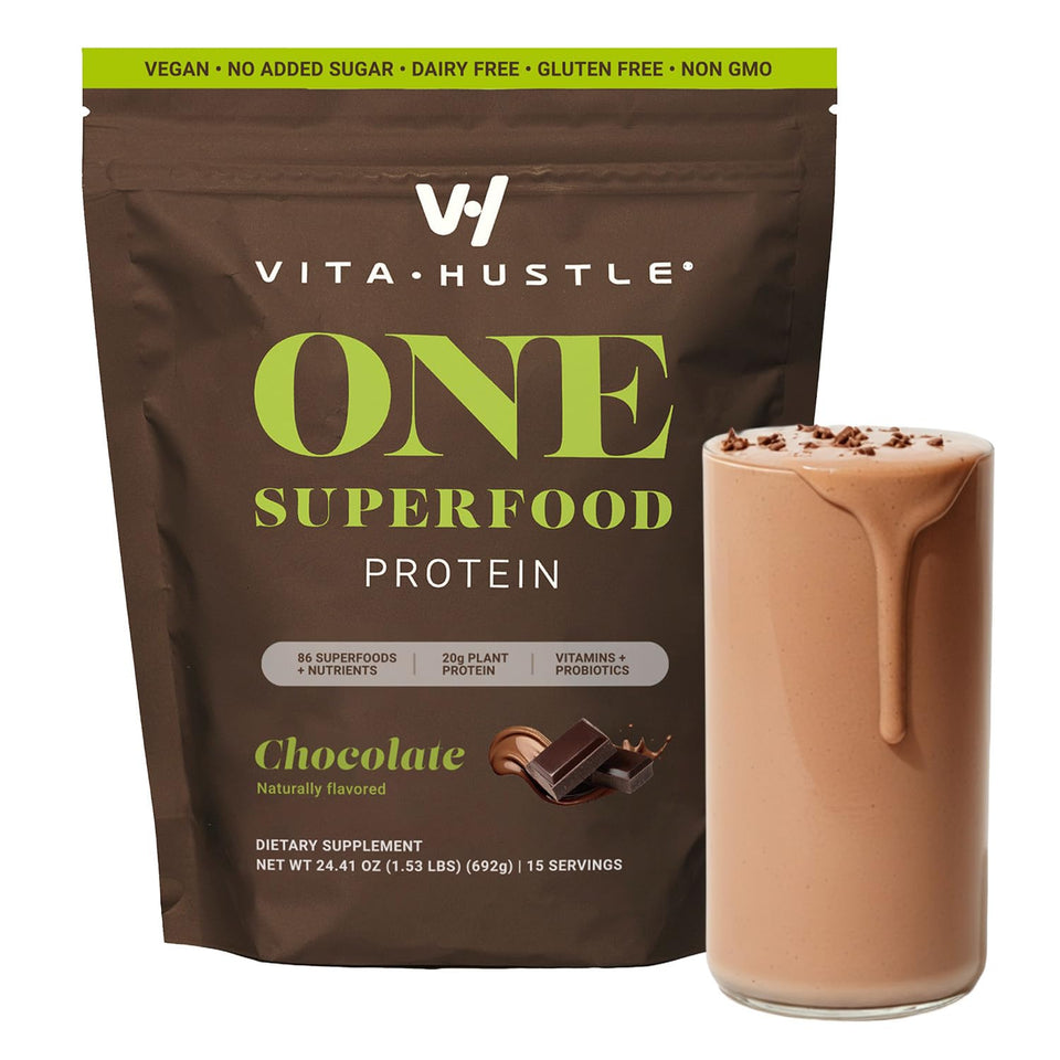 VitaHustle ONE chocolate protein powder with scoop for a satisfying post-workout shake