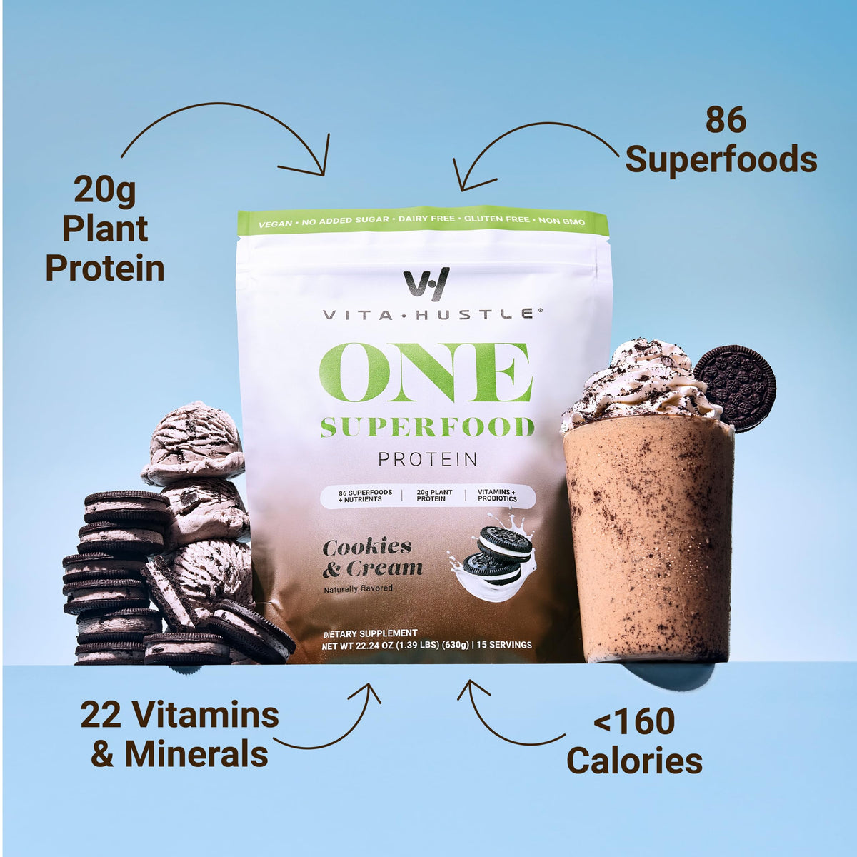 VitaHustle ONE cookies and cream shake in a glass, ready to enjoy.
