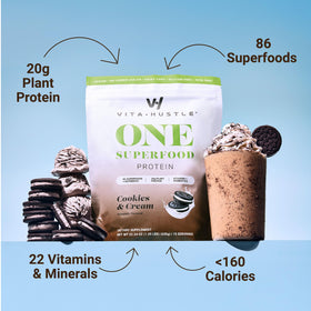 VitaHustle ONE cookies and cream shake in a glass, ready to enjoy.