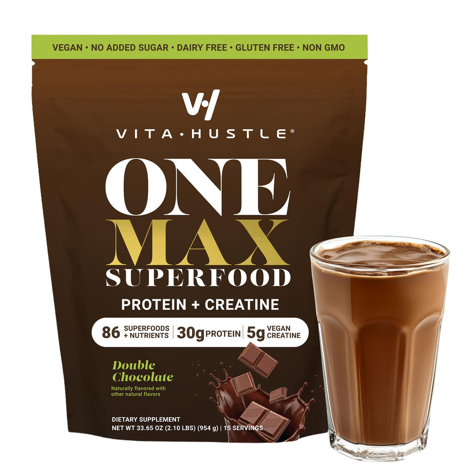 VitaHustle ONE Max tub front showing high-protein plant blend for daily nutrition.