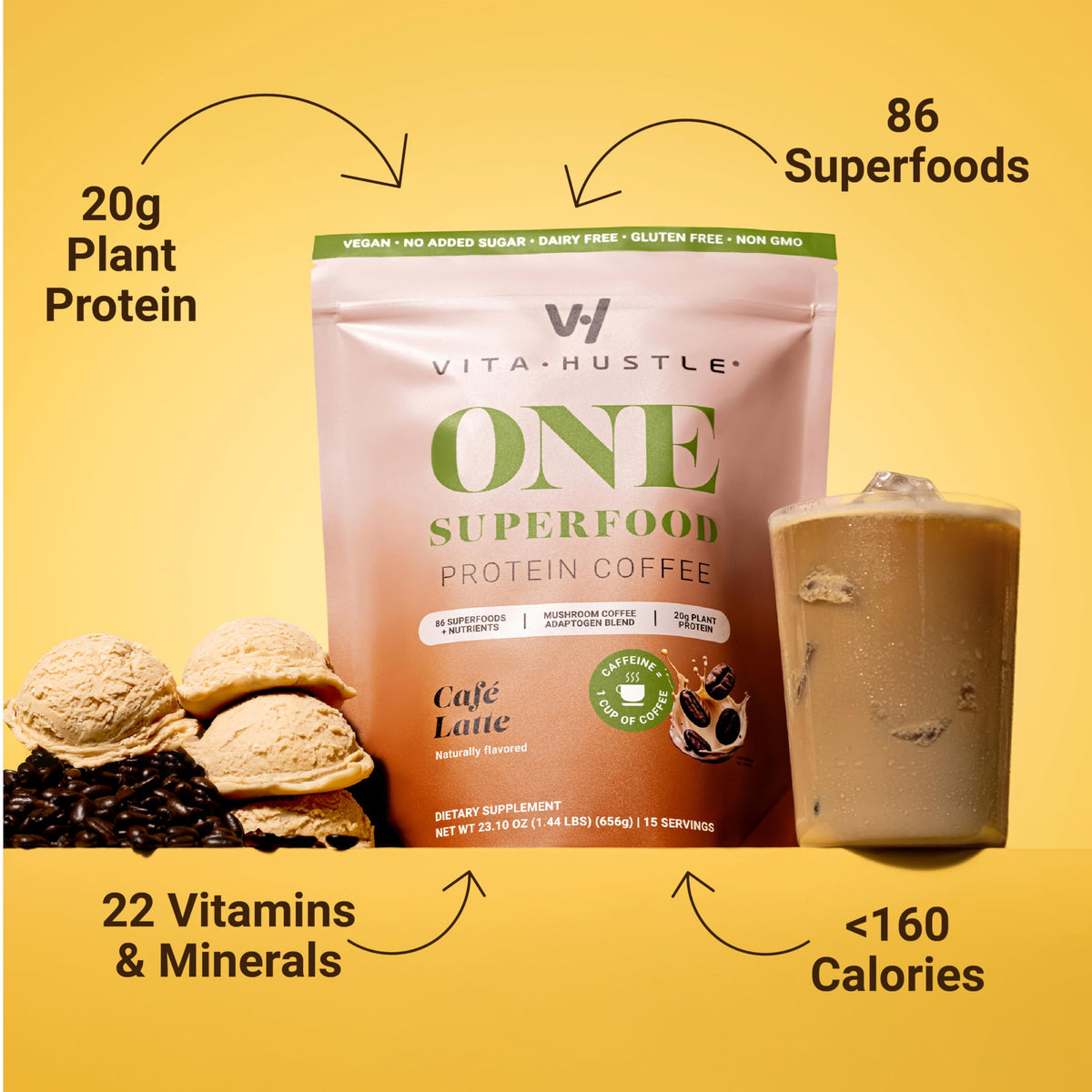 VitaHustle ONE Meal Replacement Shake bag back highlights nutrients and daily vegan nutrition.