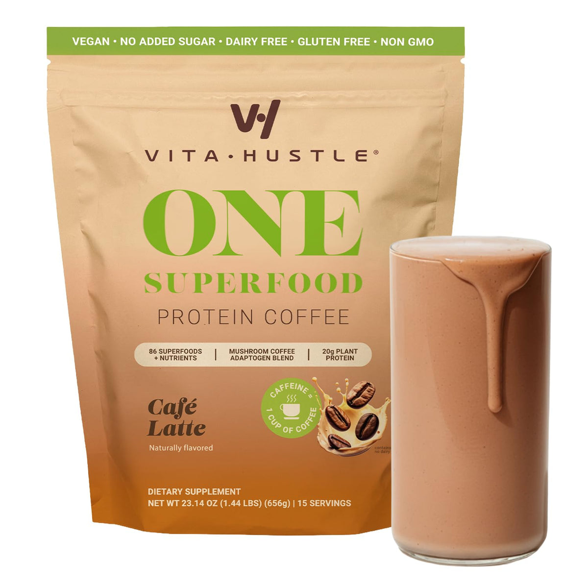 VitaHustle ONE Meal Replacement Shake bag front showcases Café Latte flavor for convenient meals.