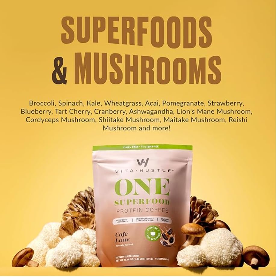 VitaHustle ONE Meal Replacement Shake coffee beans image emphasizes real coffee aroma and energy boost.
