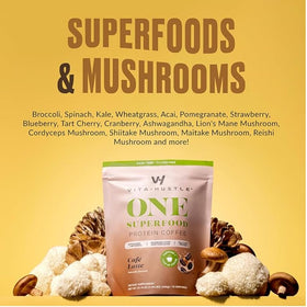 VitaHustle ONE Meal Replacement Shake coffee beans image emphasizes real coffee aroma and energy boost.
