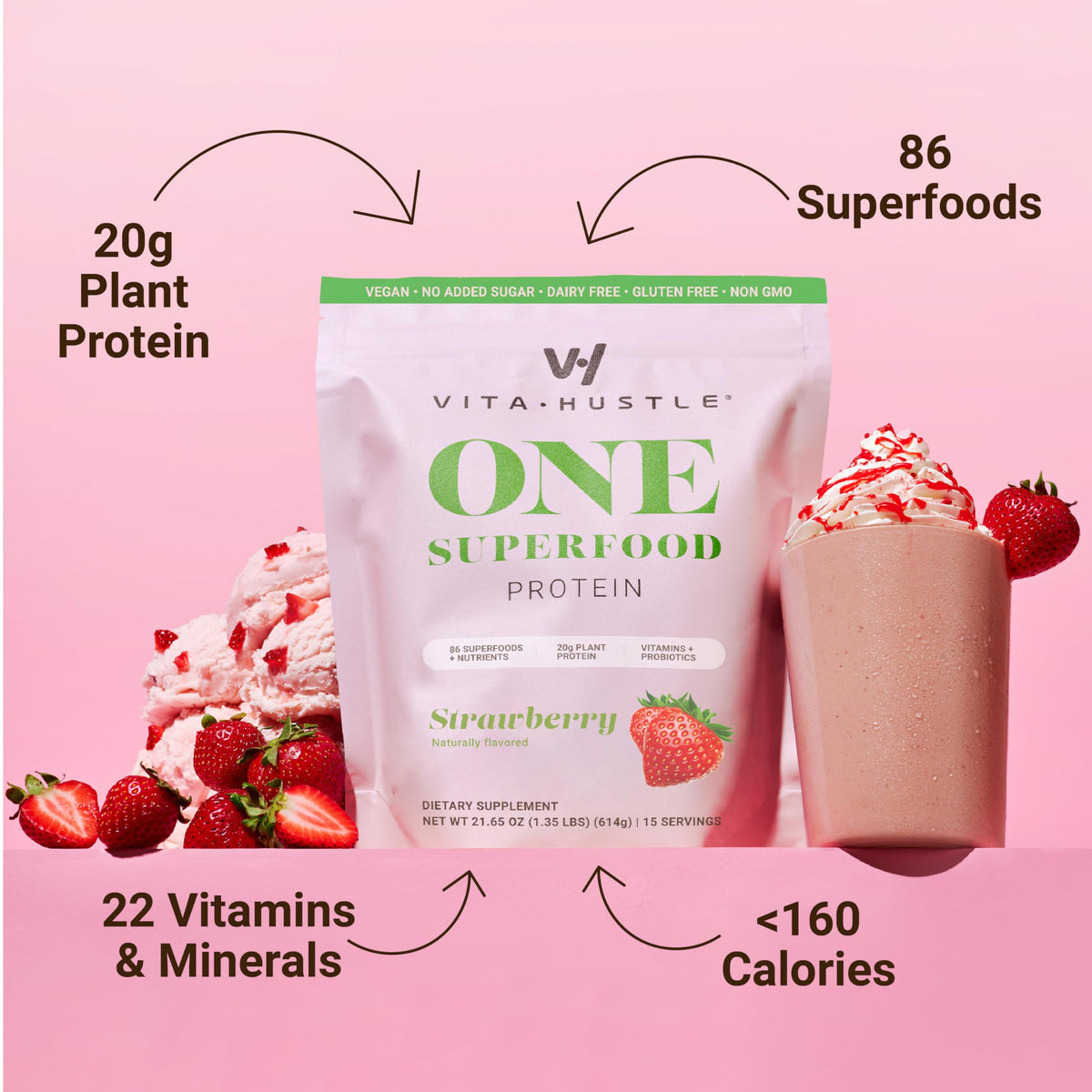 VitaHustle ONE meal-replacement shake glass showing balanced nutrition features