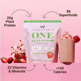 VitaHustle ONE meal-replacement shake glass showing balanced nutrition features