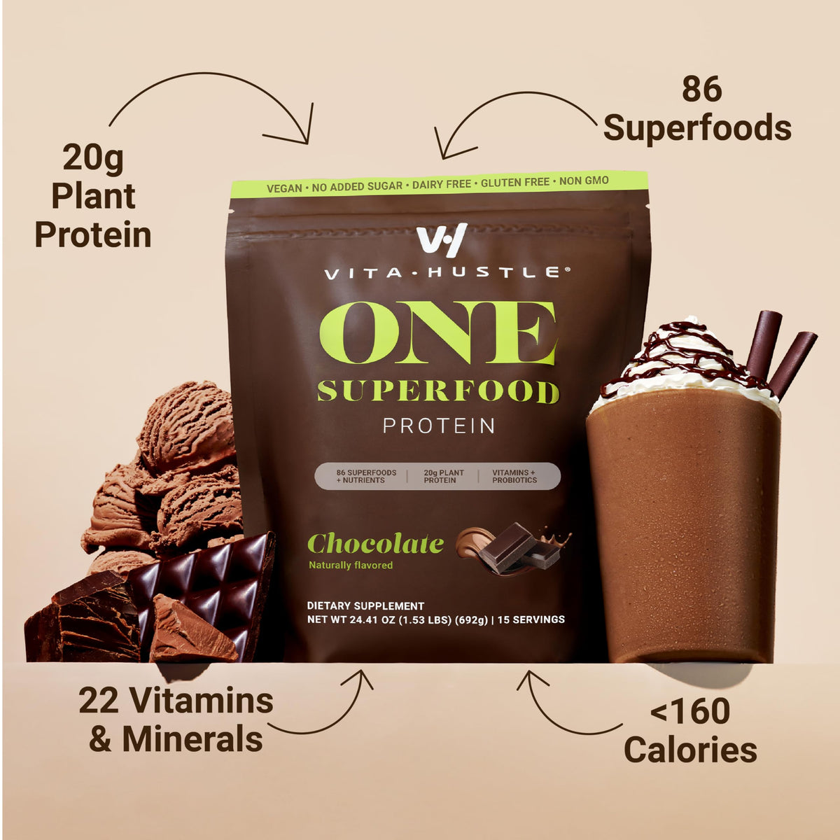 VitaHustle ONE meal replacement shake ready in glass for daily nutrition