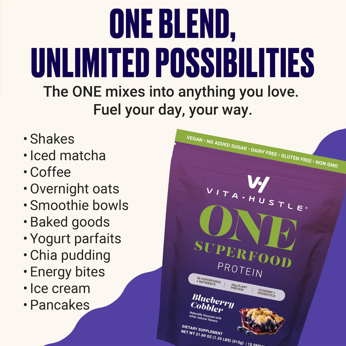 VitaHustle ONE serving idea with berry garnish for a tasty treat