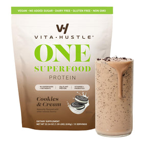 VitaHustle ONE vegan protein powder tub with scoop for a balanced meal replacement.