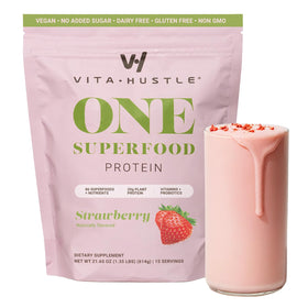VitaHustle ONE vegan strawberry protein bottle highlighting 20 g plant protein for meals