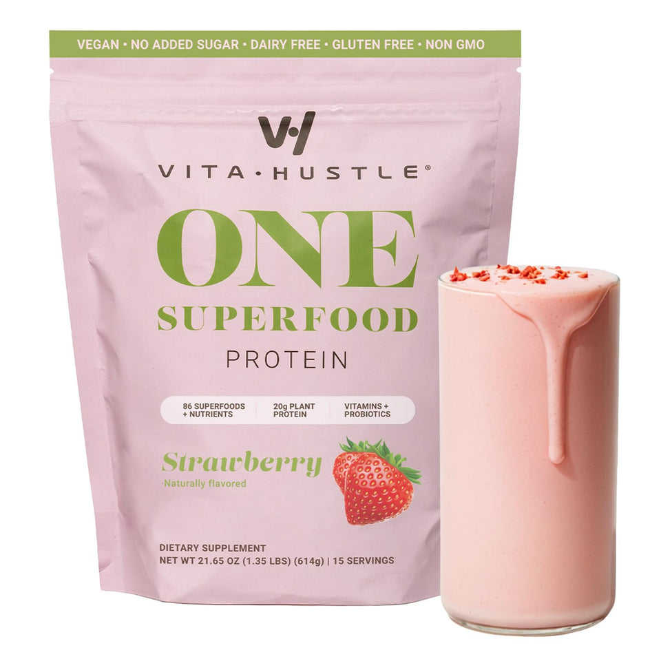 VitaHustle ONE vegan strawberry protein bottle highlighting 20 g plant protein for meals