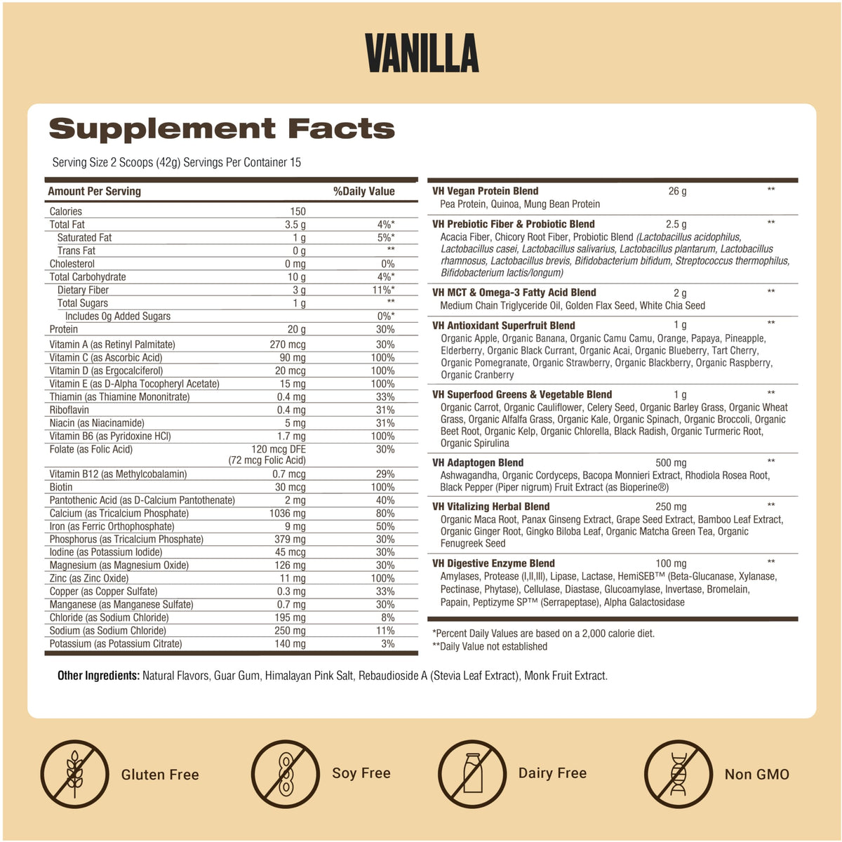 VitaHustle ONE allergen-free badge confirms dairy-free and gluten-free status