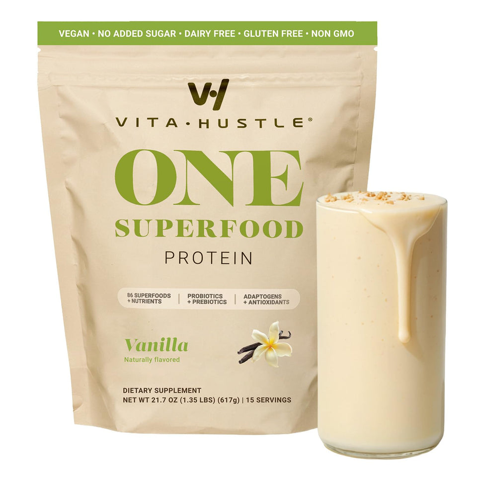 VitaHustle ONE vanilla protein bag label shows clean ingredients and 15 servings