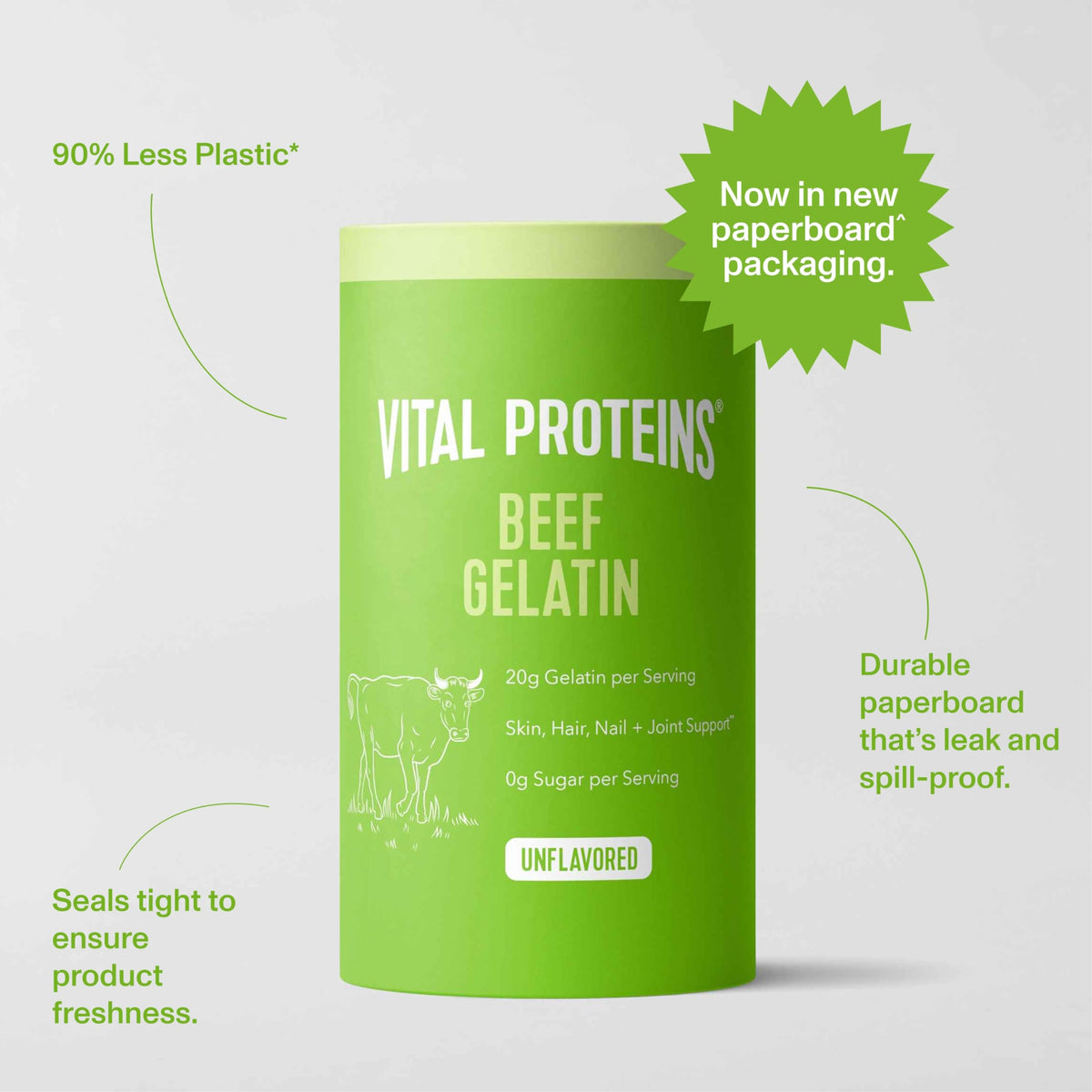 Vital Proteins Beef Gelatin Powder labeled Paleo-friendly and Whole30-approved for compliant kitchen uses.