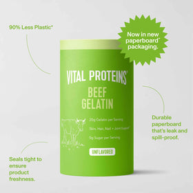 Vital Proteins Beef Gelatin Powder labeled Paleo-friendly and Whole30-approved for compliant kitchen uses.