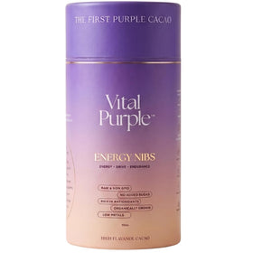 Vital Purple high flavonal raw cocoa nibs jar closeup highlighting nutrient-dense energy