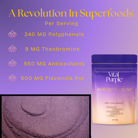 Vital Purple organic-farms emphasizes sustainable sourcing from Ecuadorian cacao farms.