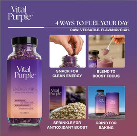 Vital Purple raw cocoa nibs packaging displays versatile use in meals